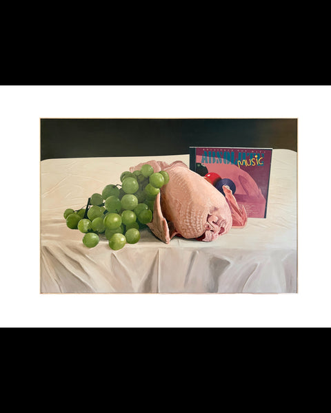 Still life with grapes, chicken and bangers